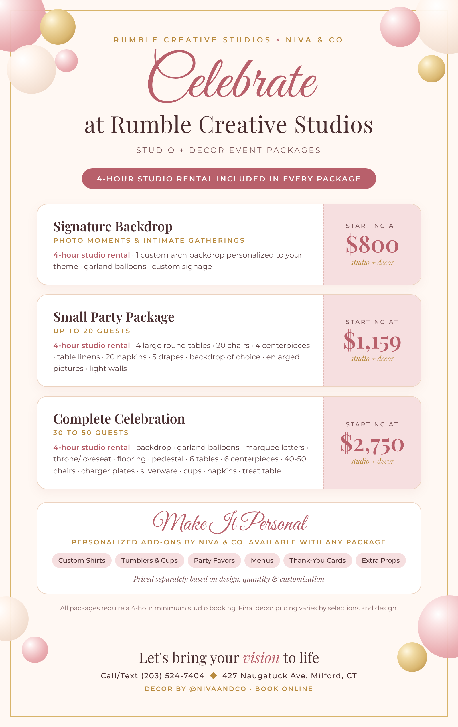 Rumble Creative Studios x Niva & Co studio and decor packages: Signature Backdrop from $800, Small Party from $1,159, Complete Celebration from $2,750, each with a 4-hour studio rental, plus personalized add-ons