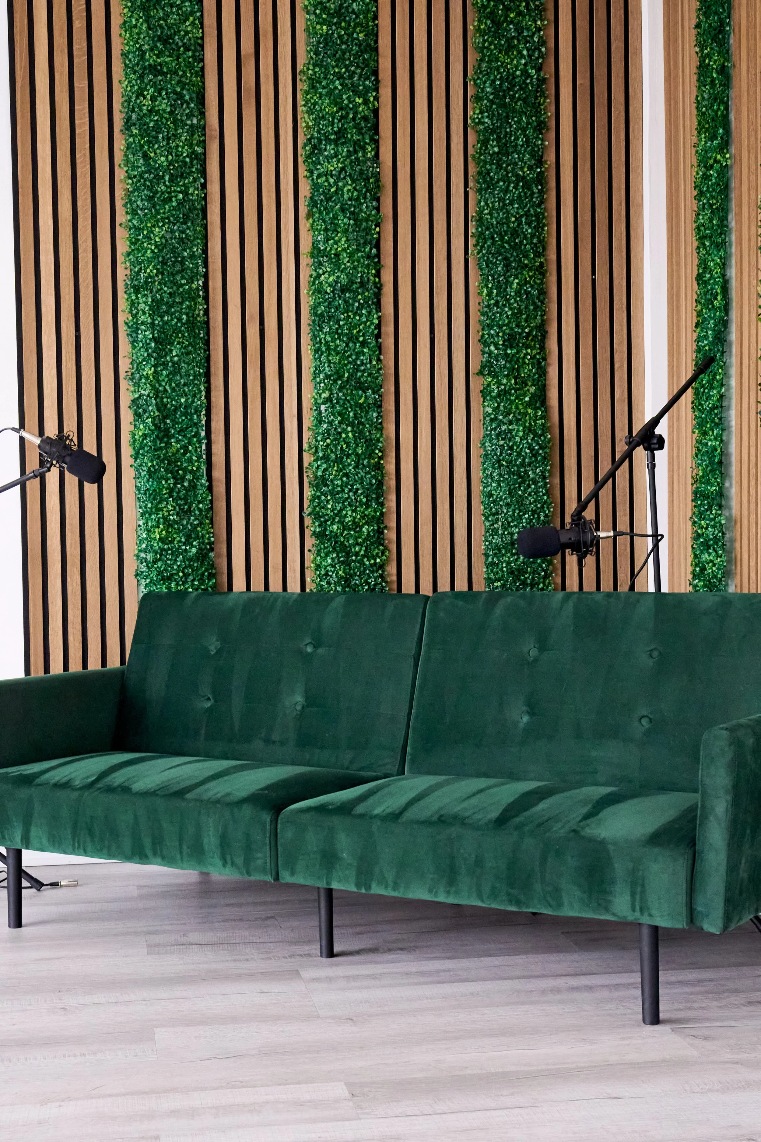 Rumble Creative Studios podcast corner with microphones