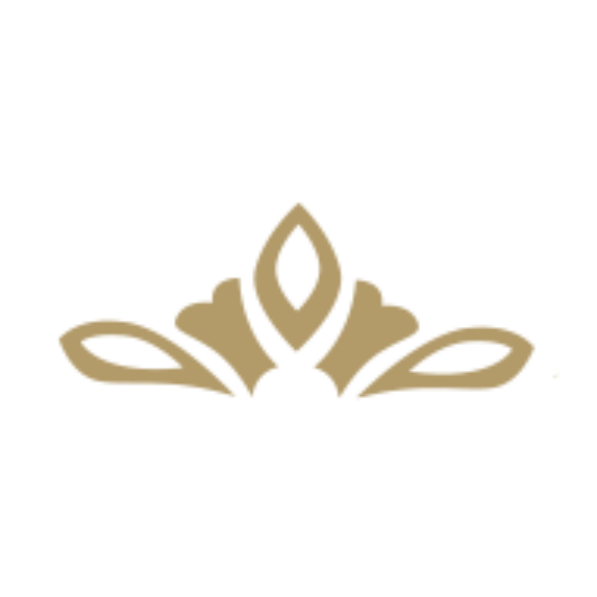 Golden decorative flourish design with symmetrical leaves and a central teardrop shape.