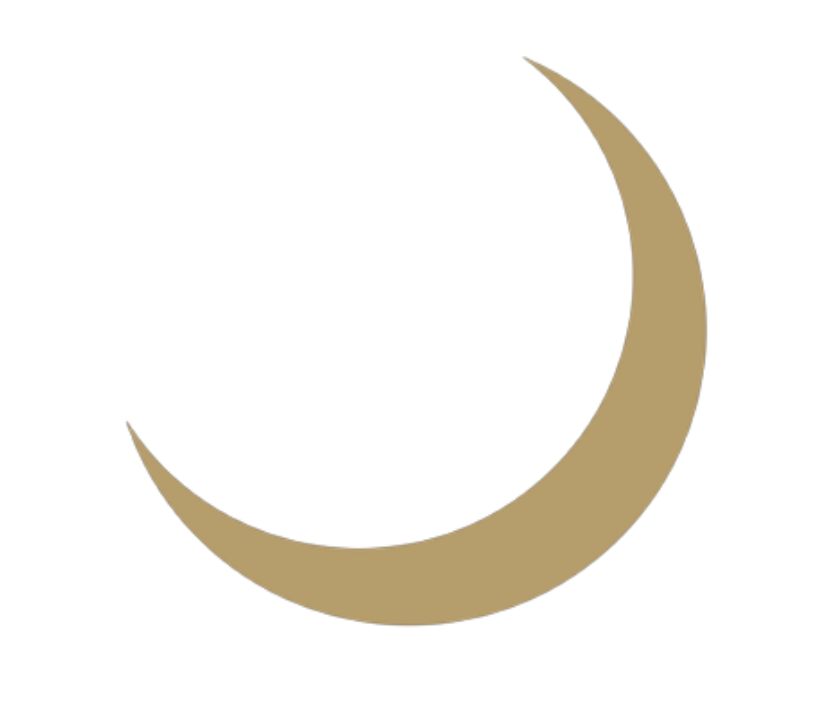 Gold crescent moon with a black background.