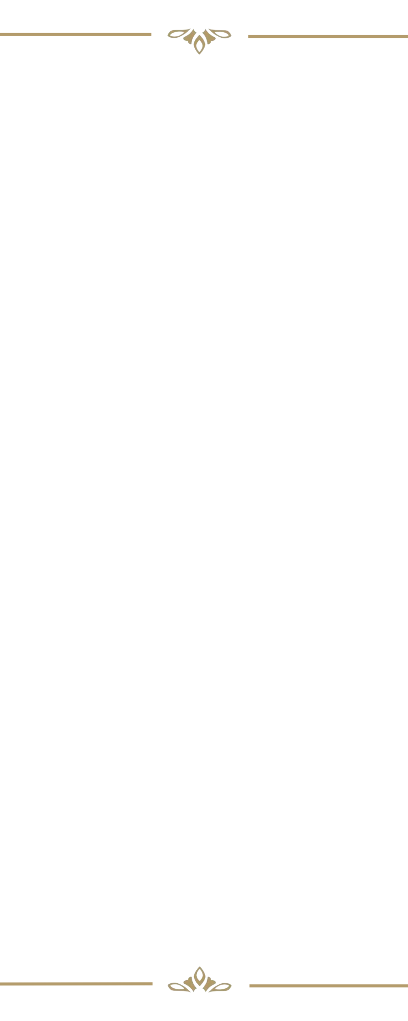 Elegant black and gold wedding invitation with decorative floral accents at the top and bottom.