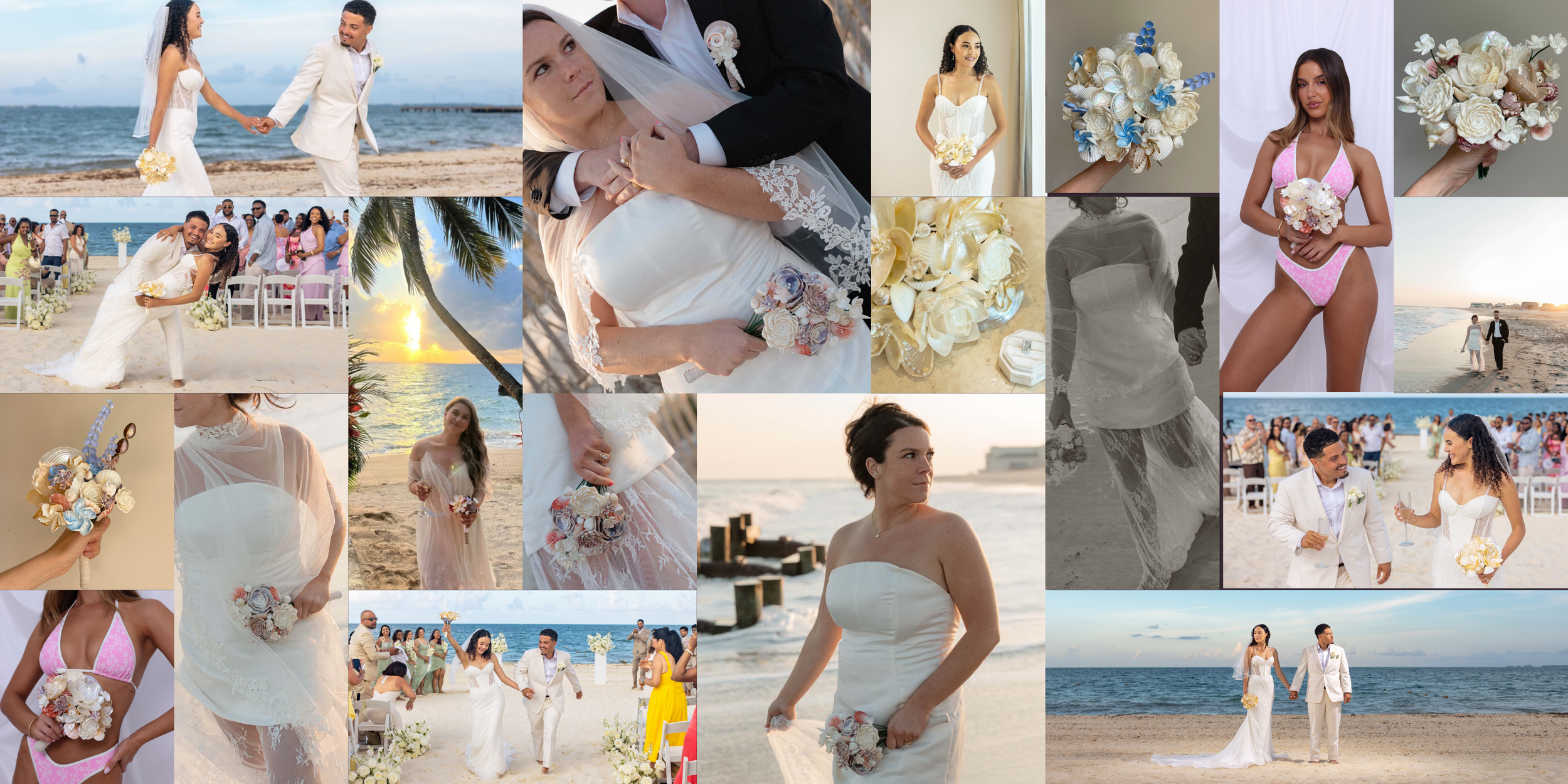 A collage of wedding photos at a beach. It features a bride and groom holding hands on the sand, exchanging vows, and walking along the shoreline. Other images show the bride in a white dress and the groom in a suit, wedding bouquets, guests celebrating on the beach, and sunset views over the ocean.