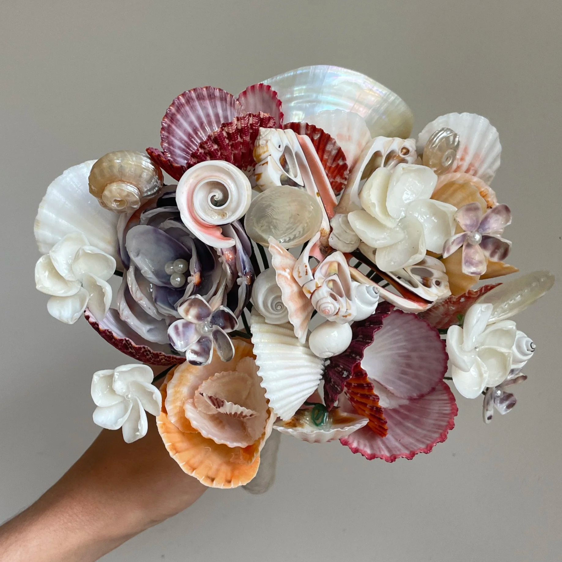 A person holding a bouquet of various seashells with a gray background.