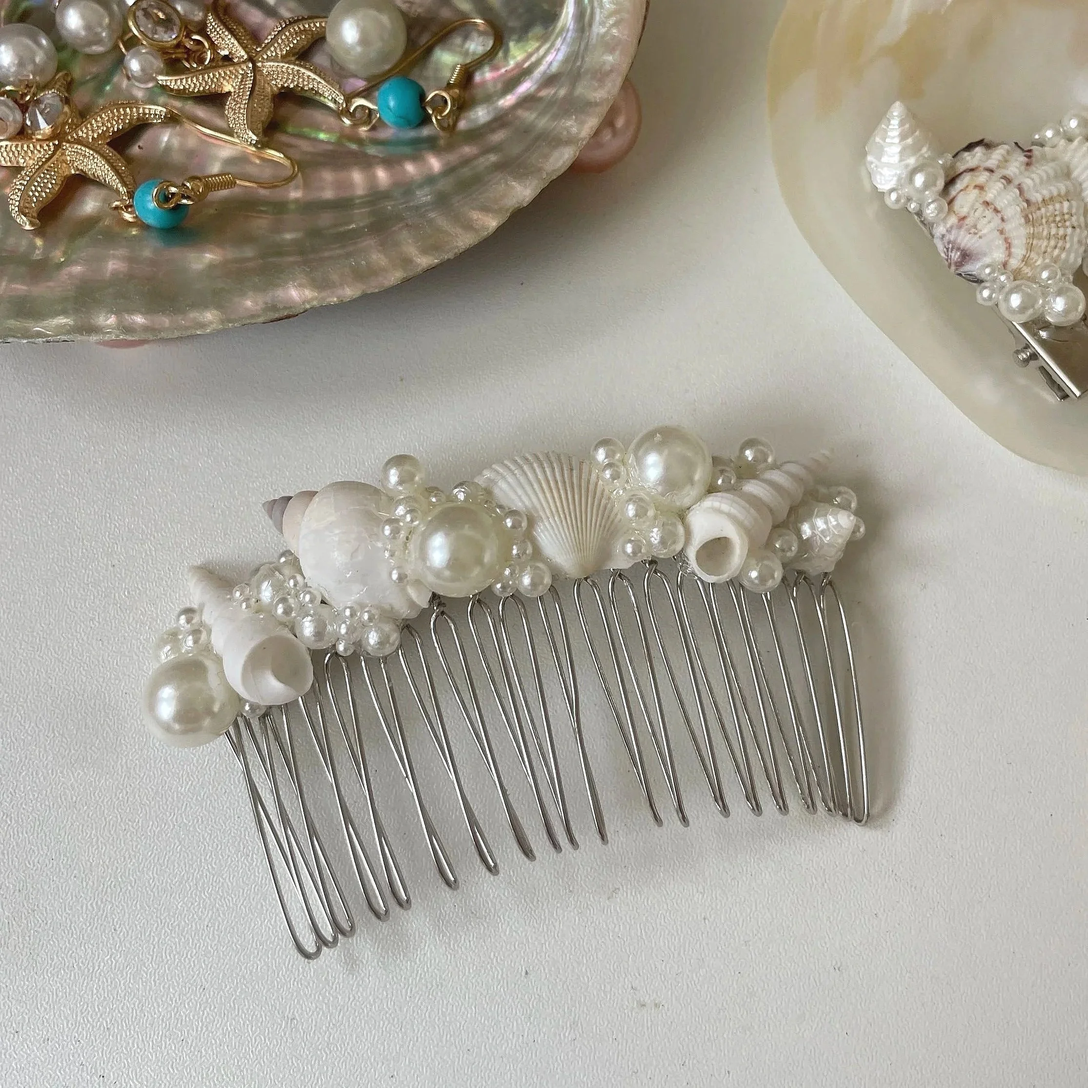 Shell & Pearl Bridal Hair Comb - Silver