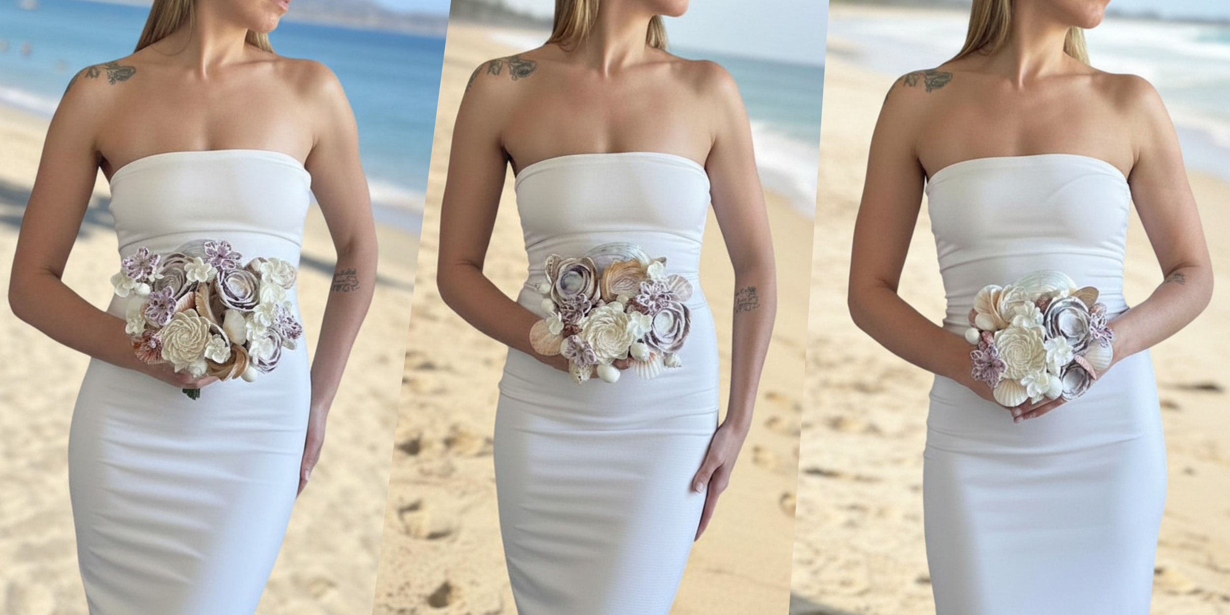A woman wearing a strapless white dress holding a bouquet of seashells and flowers on the beach.