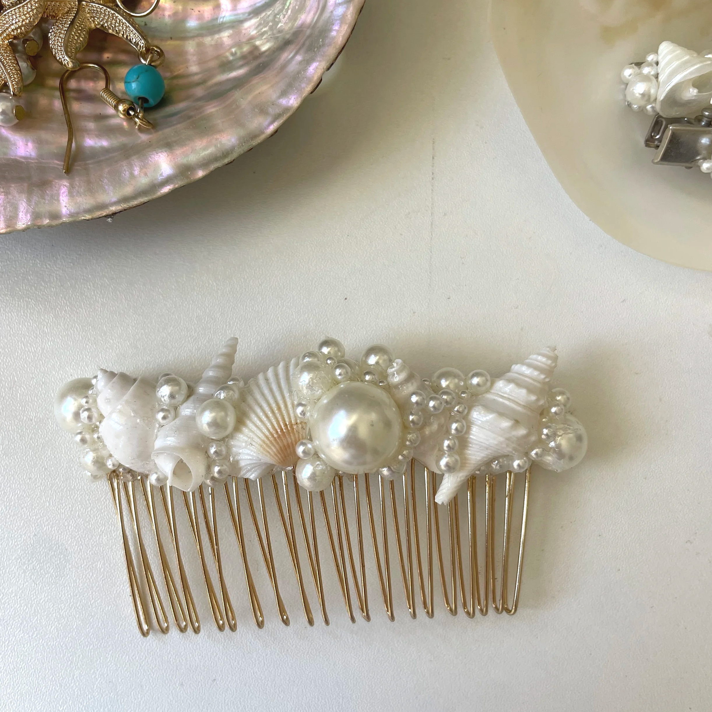 Shell & Pearl Bridal Hair Comb - Gold