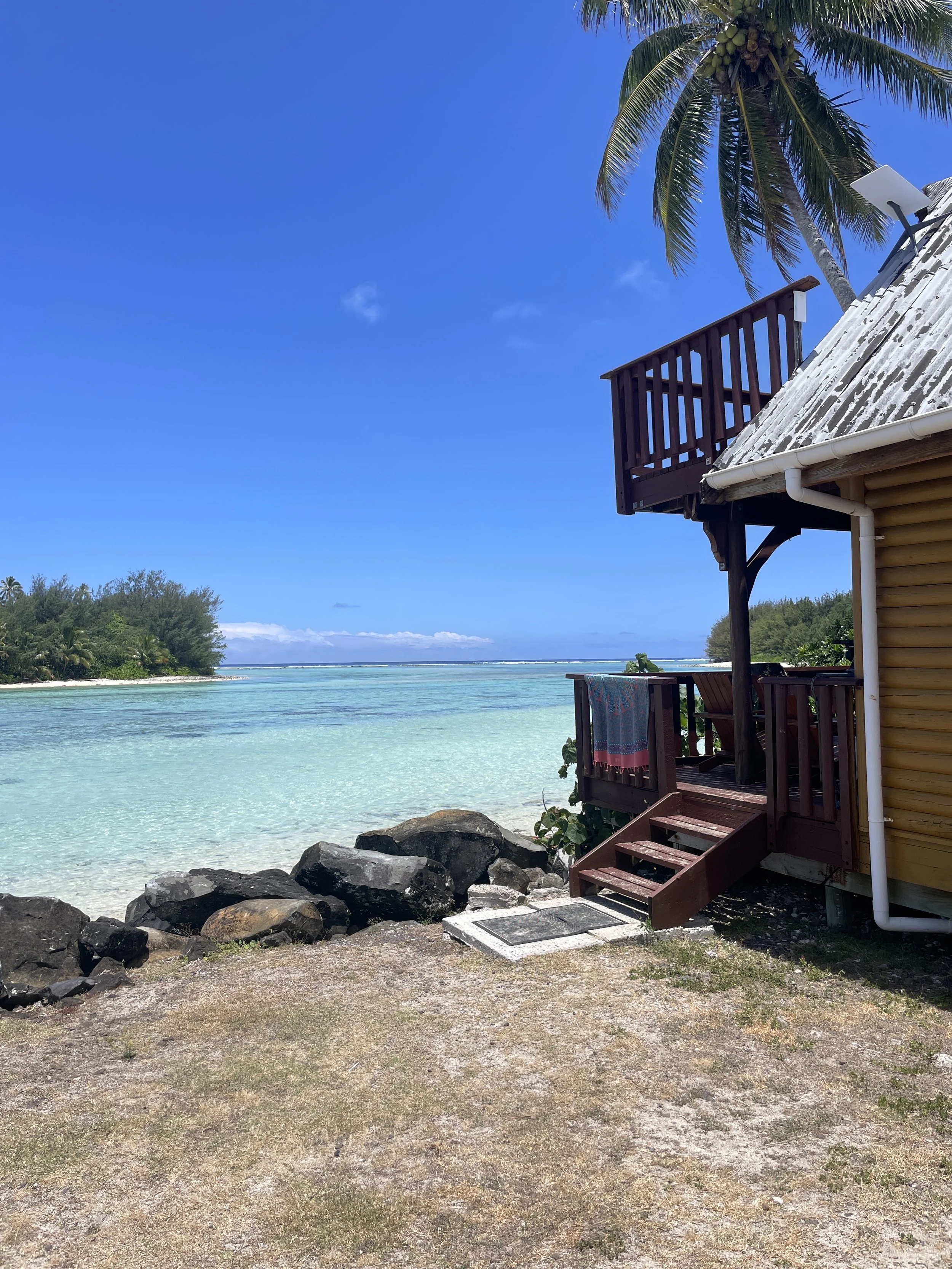 Beach house with wooden stairs leading to a deck, overlooking a calm, turquoise ocean under a clear blue sky, with a palm tree nearby and rocks on the shoreline.