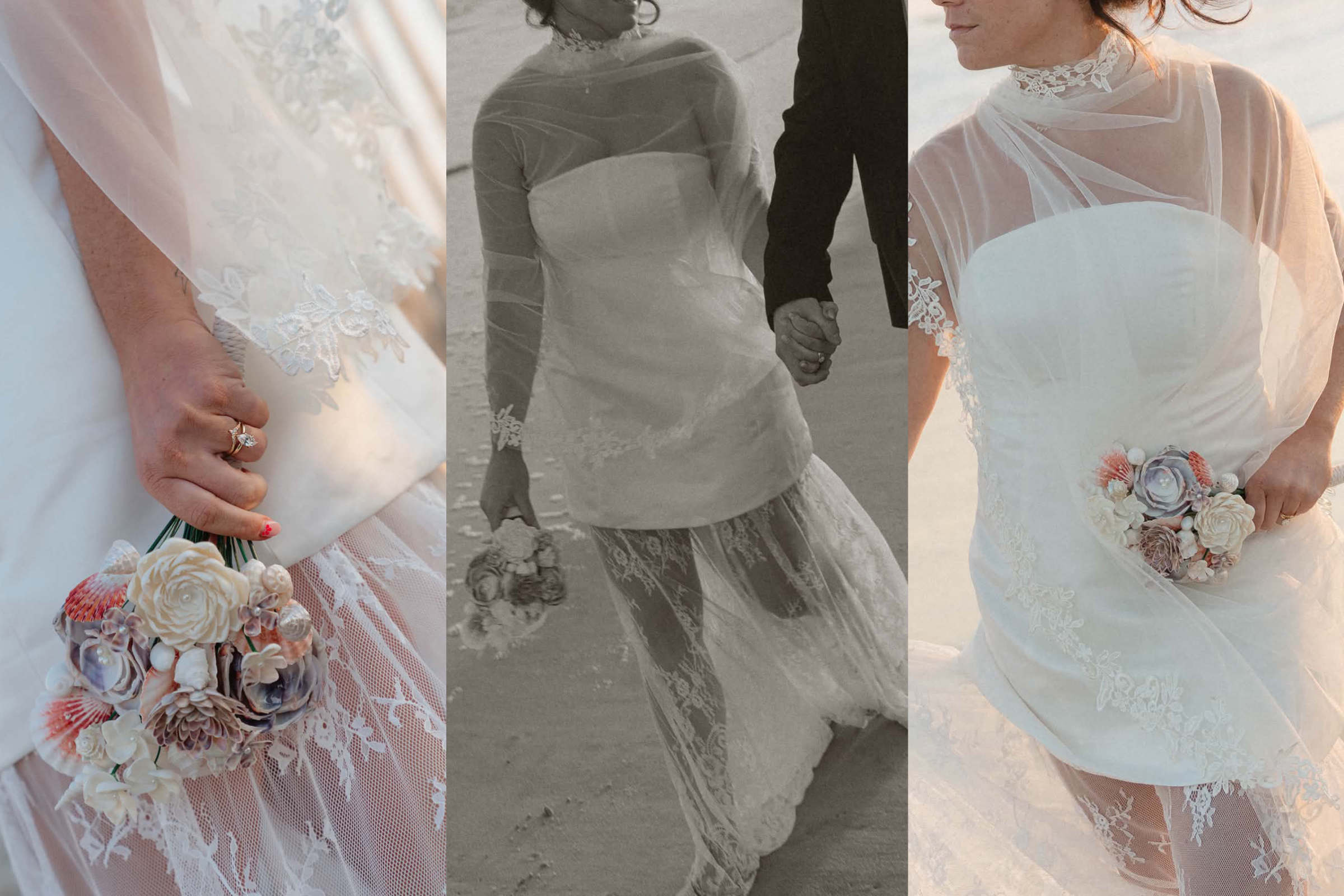 A woman dressed in a wedding gown holding a bouquet of flowers. She is wearing a ring and a lace veil, with lace details on her dress. The photo features her hand and part of her dress, with the background showing a beach setting.