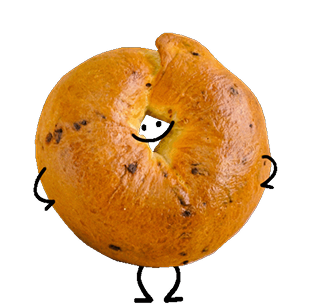 A bagel with an orange peel appearance and chocolate chips on a black background.