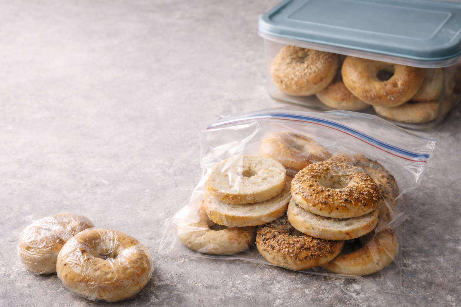 A variety of bagels, some in a plastic bag and some in a plastic container, on a gray surface. The bagels are different flavors, with some topped with sesame seeds and others plain or with what appears to be cinnamon sugar.