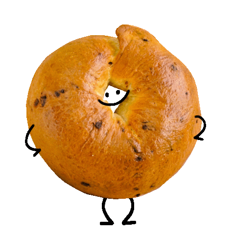 A bagel with a smiley face drawn on it, with arms, legs, and a smiling face added for a cartoon effect, against an orange background.