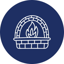 Icon of a fireplace with a fire inside, enclosed in a circular blue background.