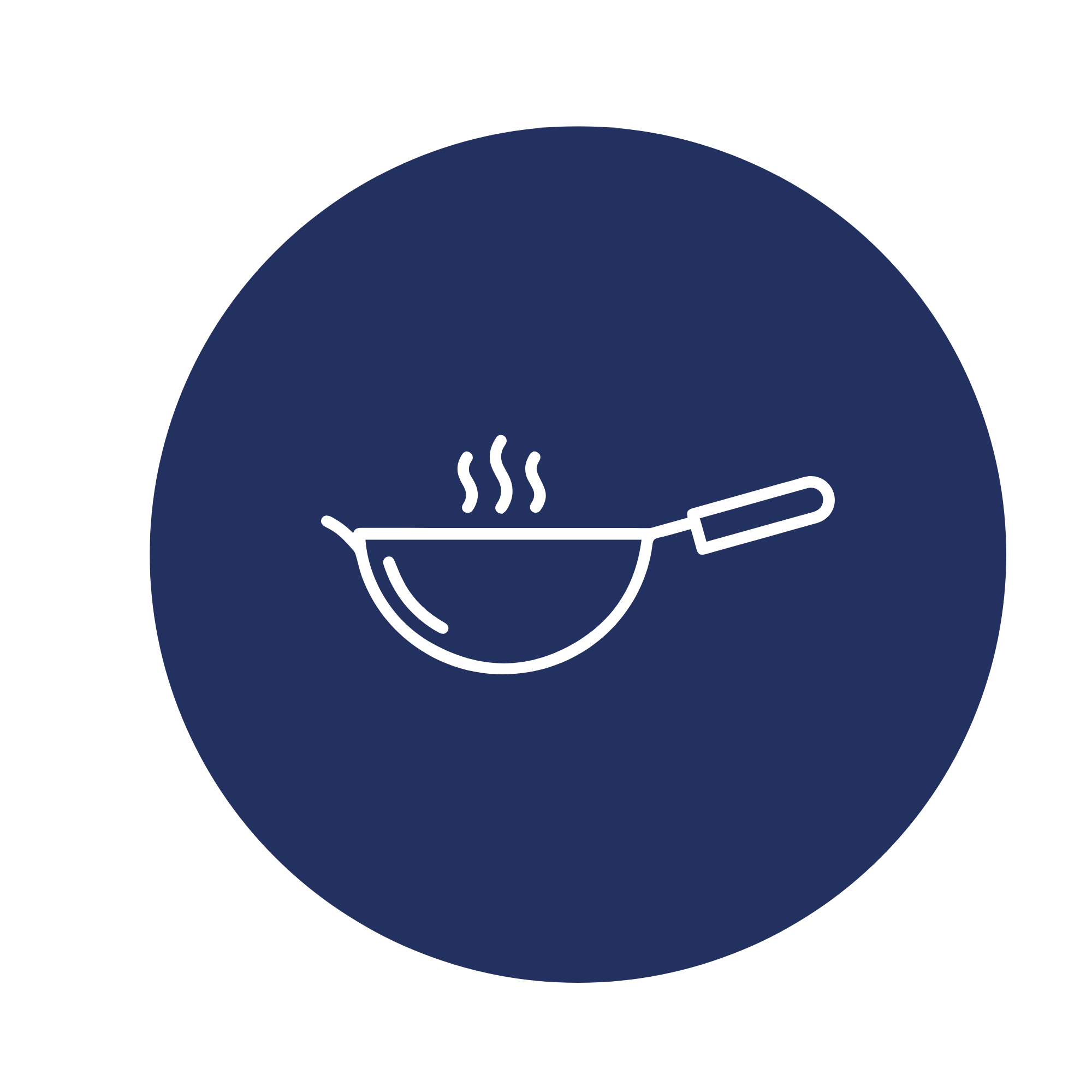 Silhouette of a cooking pot or pan with steam rising from it, depicted in a navy blue circle.