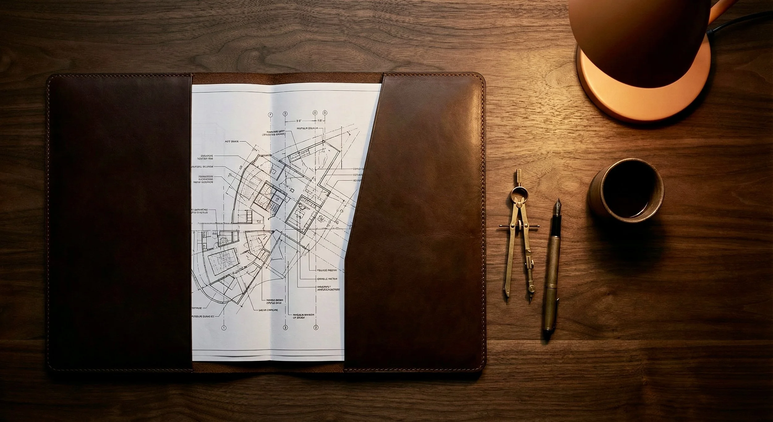 Top-down view of a wooden desk with a leather folder, an architectural blueprint, a pair of compasses, a fountain pen, a coffee mug, and a desk lamp.