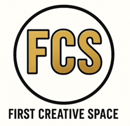 Logo of First Creative Space with the initials FCS in gold letters inside a black-outlined white circle, and the full name below.