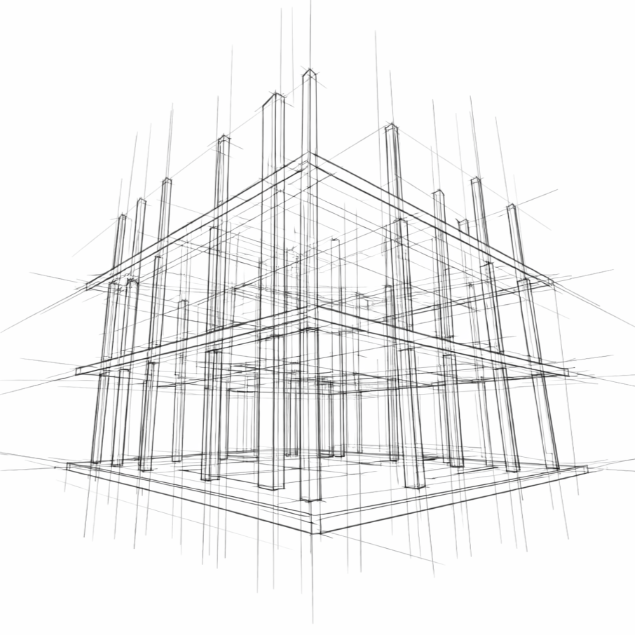 A digital wireframe model of a modern multi-story building.