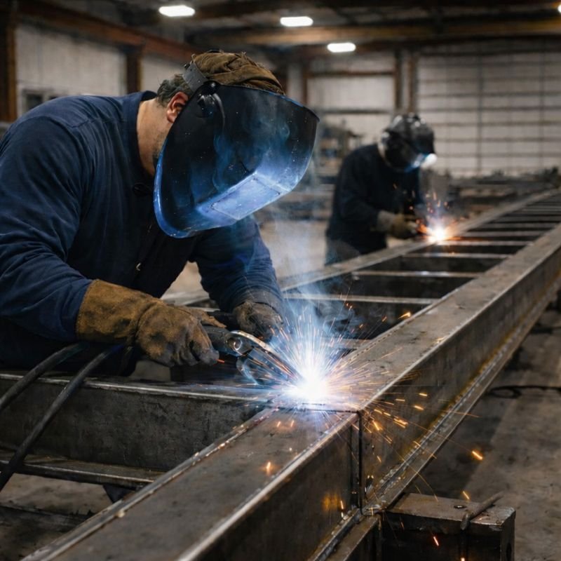 Two workers welding metal beams inside a large industrial workshop.