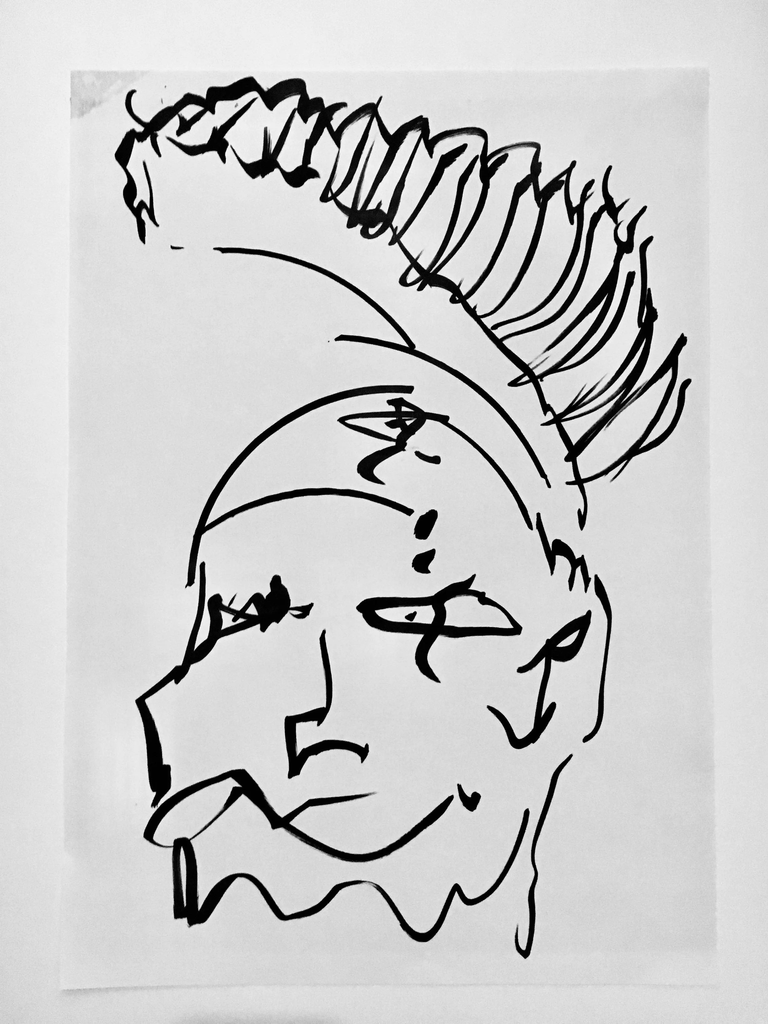 Line drawing of a person's face wearing a helmet with a tall crest.