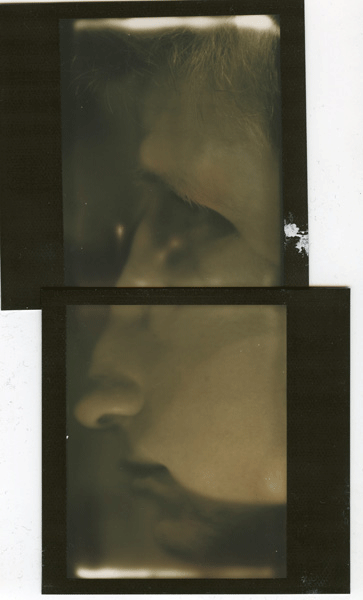 Two Polaroid-style pictures of a person's face, one showing the profile and the other showing the nose and lips, with a soft focus and vintage tone.