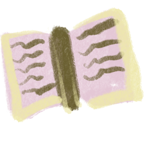 A watercolor-style drawing of an open book with wavy lines on both pages, resembling text, and a darker vertical line in the center representing the spine.