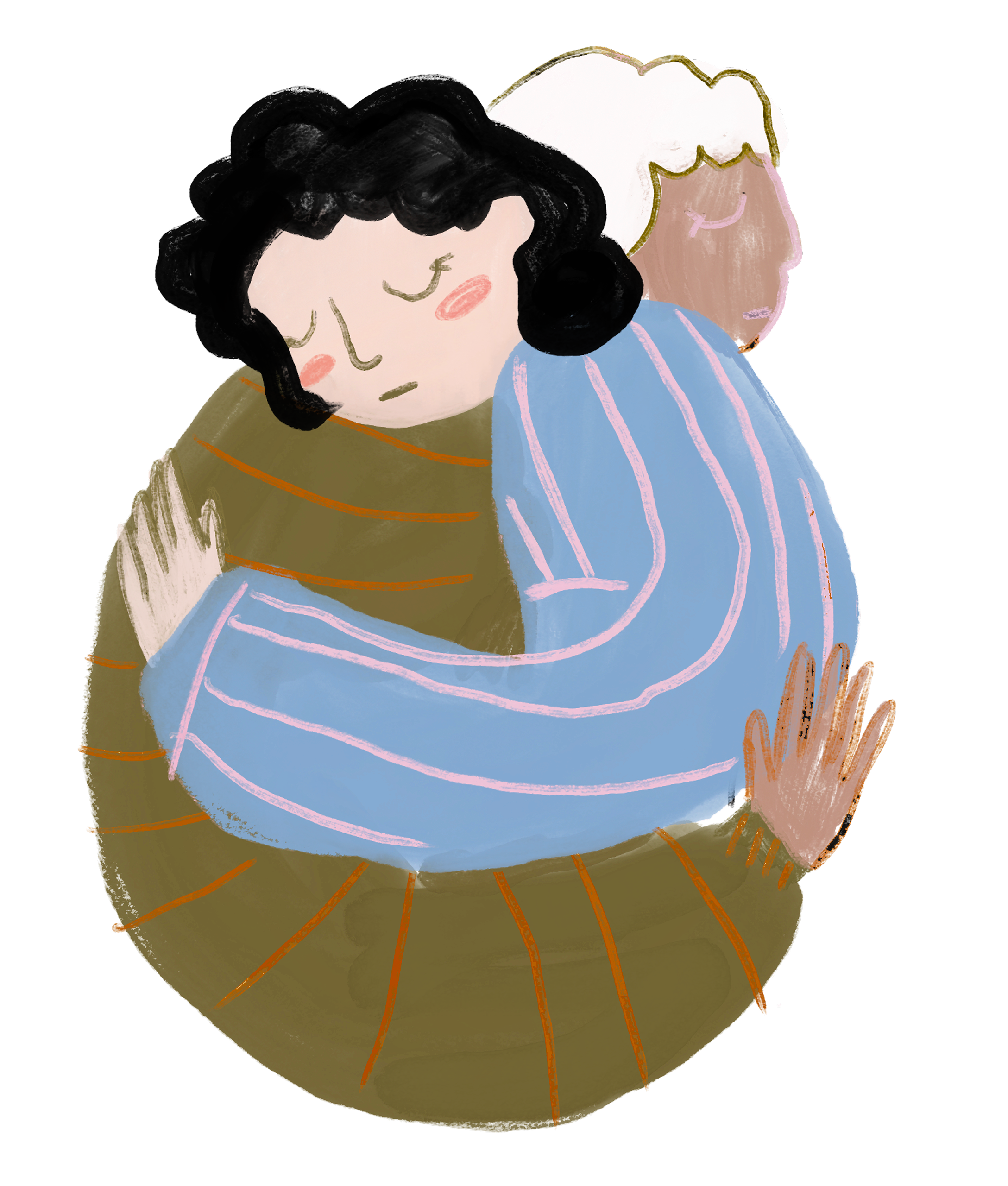 An illustration of two people hugging, with their eyes closed. One person has black curly hair and is wearing a green shirt with orange stripes. The other has short blonde hair and is wearing a blue and pink striped shirt.
