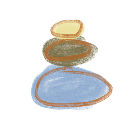 Drawing of three rocks in different sizes and colors, stacked vertically with a black background.