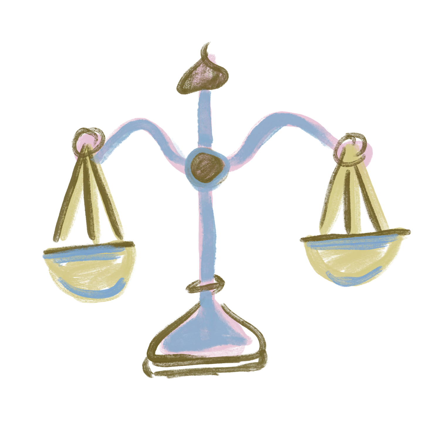 A cartoon-style illustration of a balance scale with two pans hanging from a central pivot, representing justice or law.