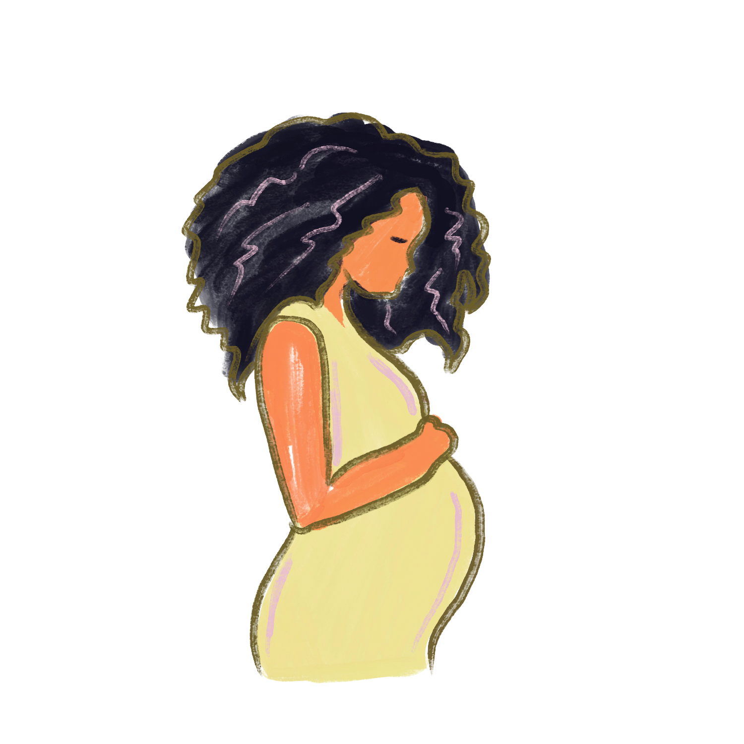 A pregnant woman with wavy dark hair, wearing a sleeveless yellow dress, standing with her eyes closed and hands resting on her belly.