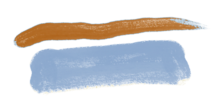 Blue and brown abstract brush strokes on a white background.