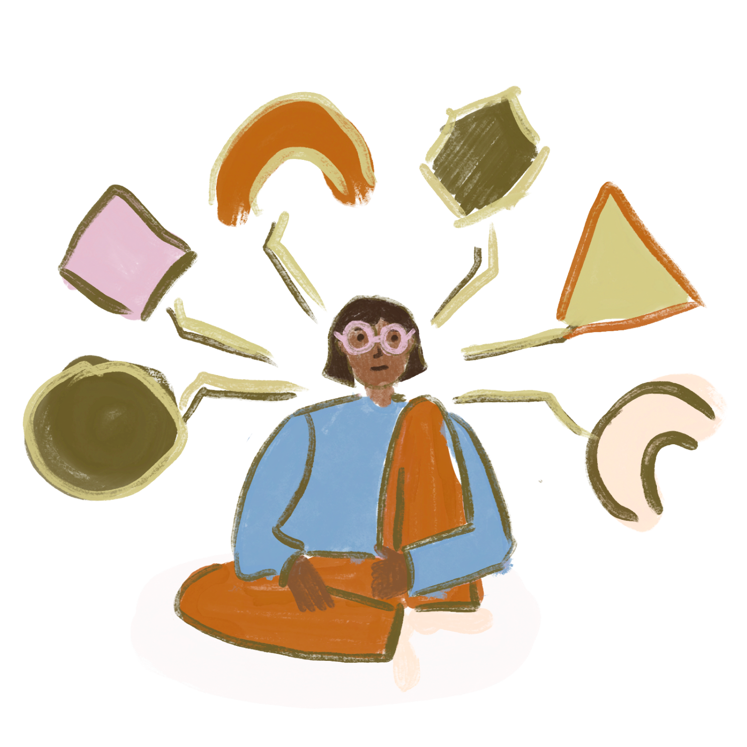Illustration of a woman sitting cross-legged with her hands resting on her knees, surrounded by floating geometric shapes such as square, circle, triangle, rectangular, and crescent. The woman has shoulder-length black hair, glasses, and is wearing a blue shirt with an orange scarf.