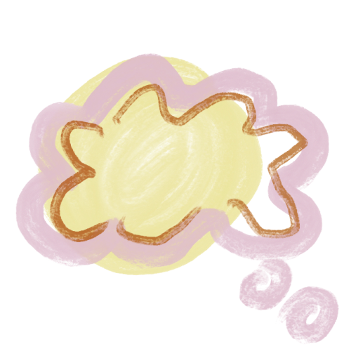 A colorful illustration of a cookie in the shape of a dog with pink, yellow, and brown outlines.