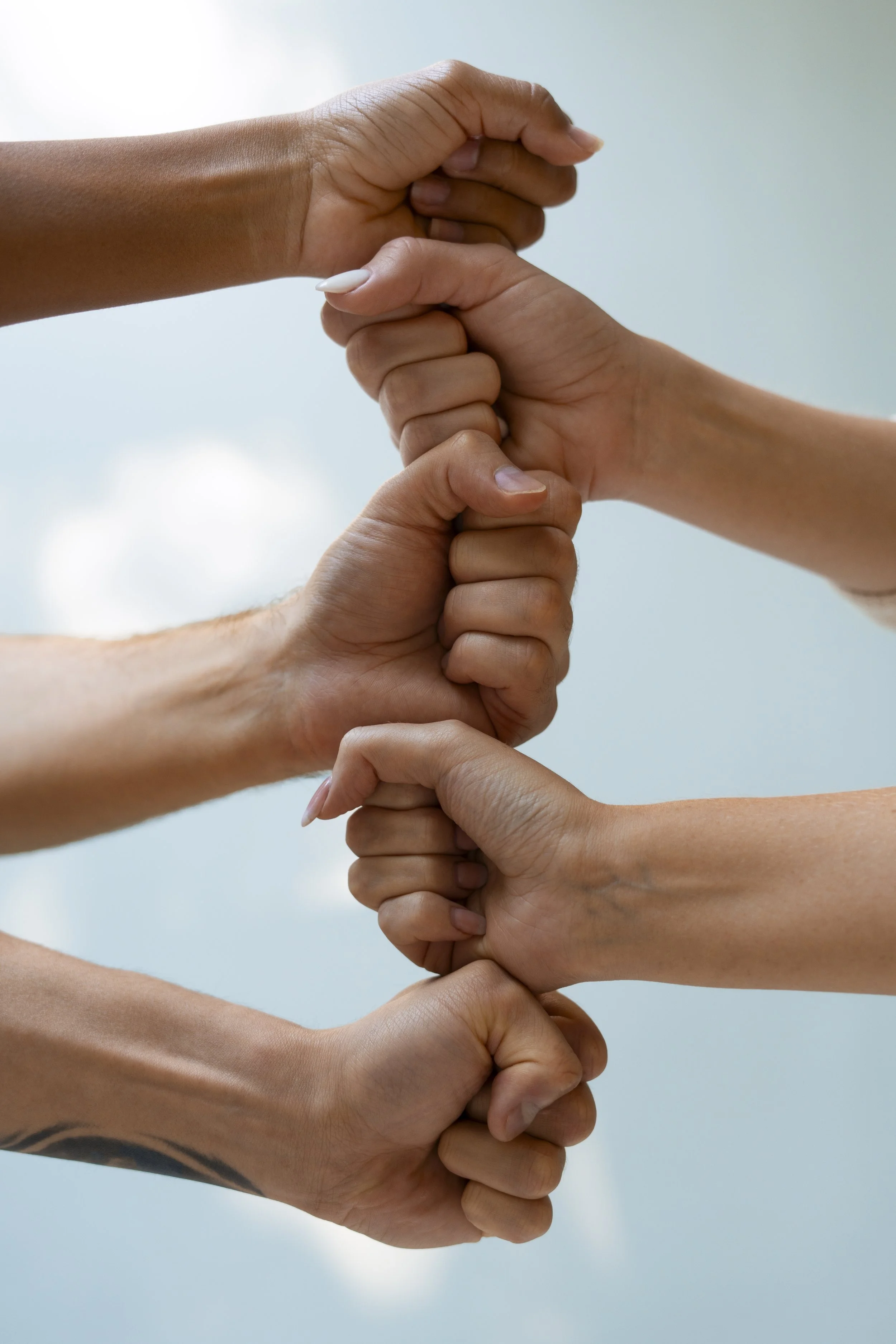 Multiple hands of different skin tones form a vertical chain, gripping each other's wrists, against a cloudy sky background.