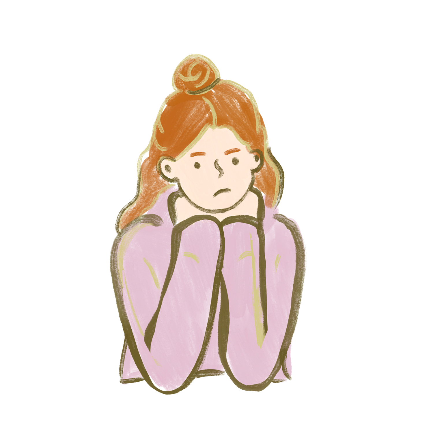 Illustration of a young woman with long, red hair in a top knot, looking unhappy or worried, resting her chin on her hands, wearing a pink hoodie.