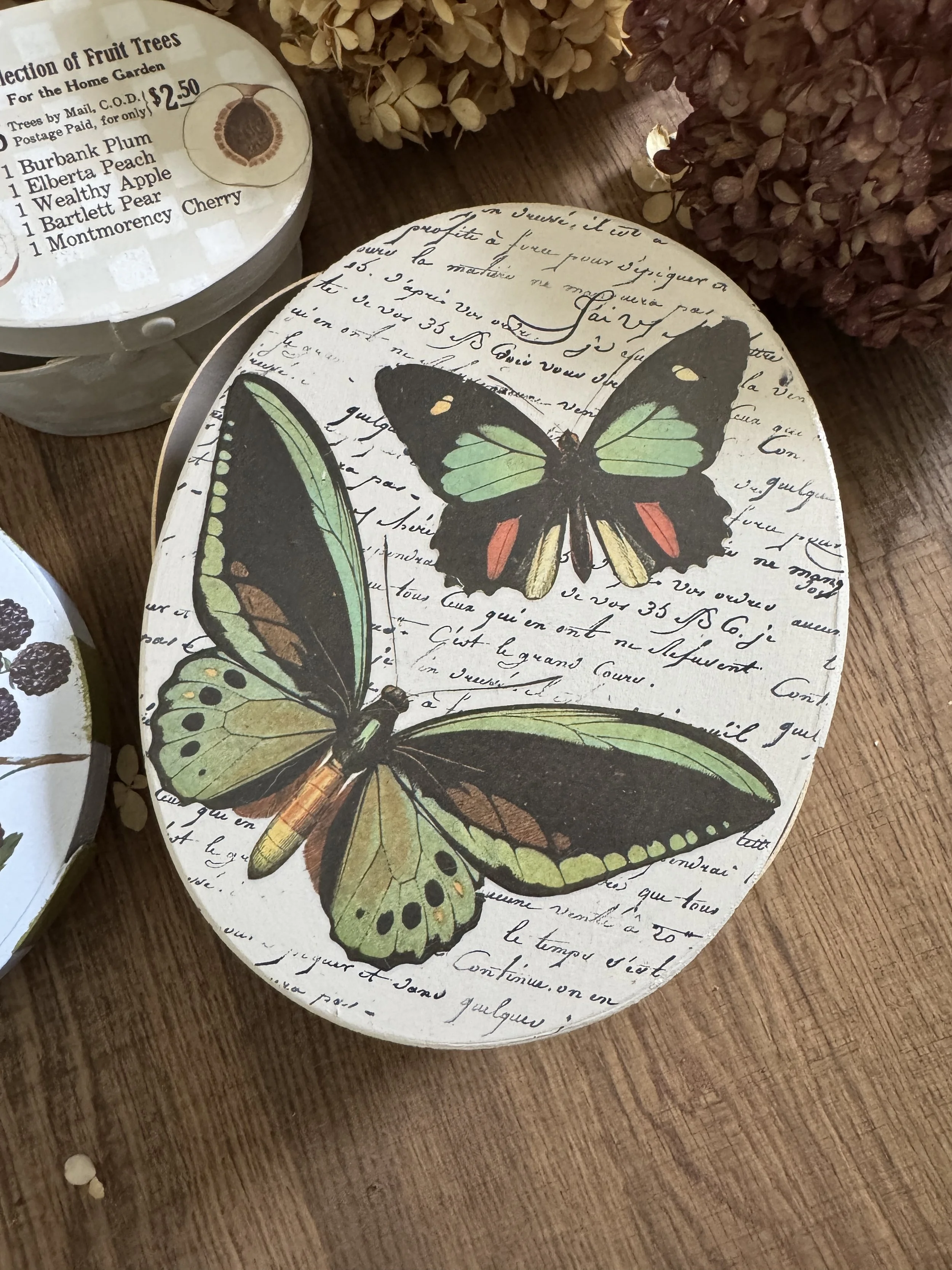 Decorative paper with illustrations of butterflies and handwritten script on a wooden surface, with dried hydrangea flowers nearby.