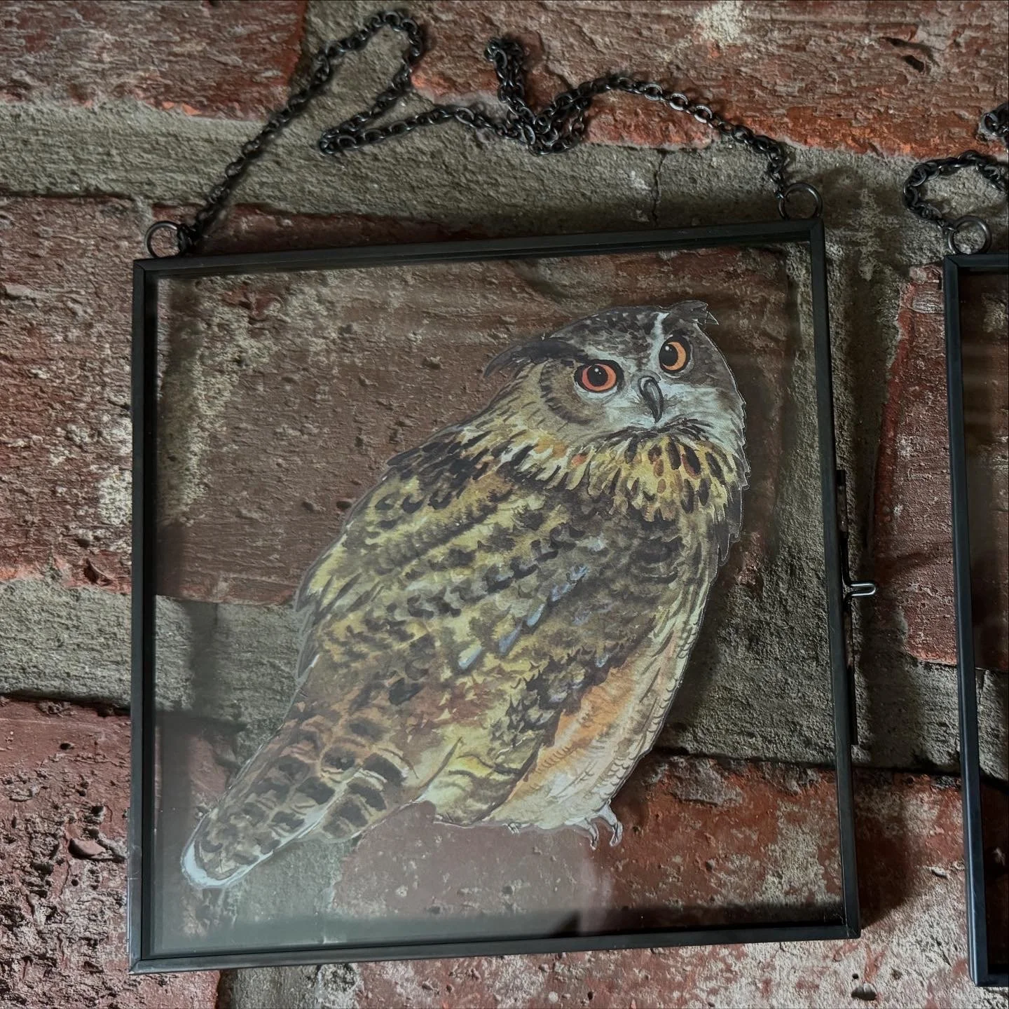A framed illustration of an owl with large, orange eyes and brown, yellow, and black feathers, hanging on a rustic brick wall.