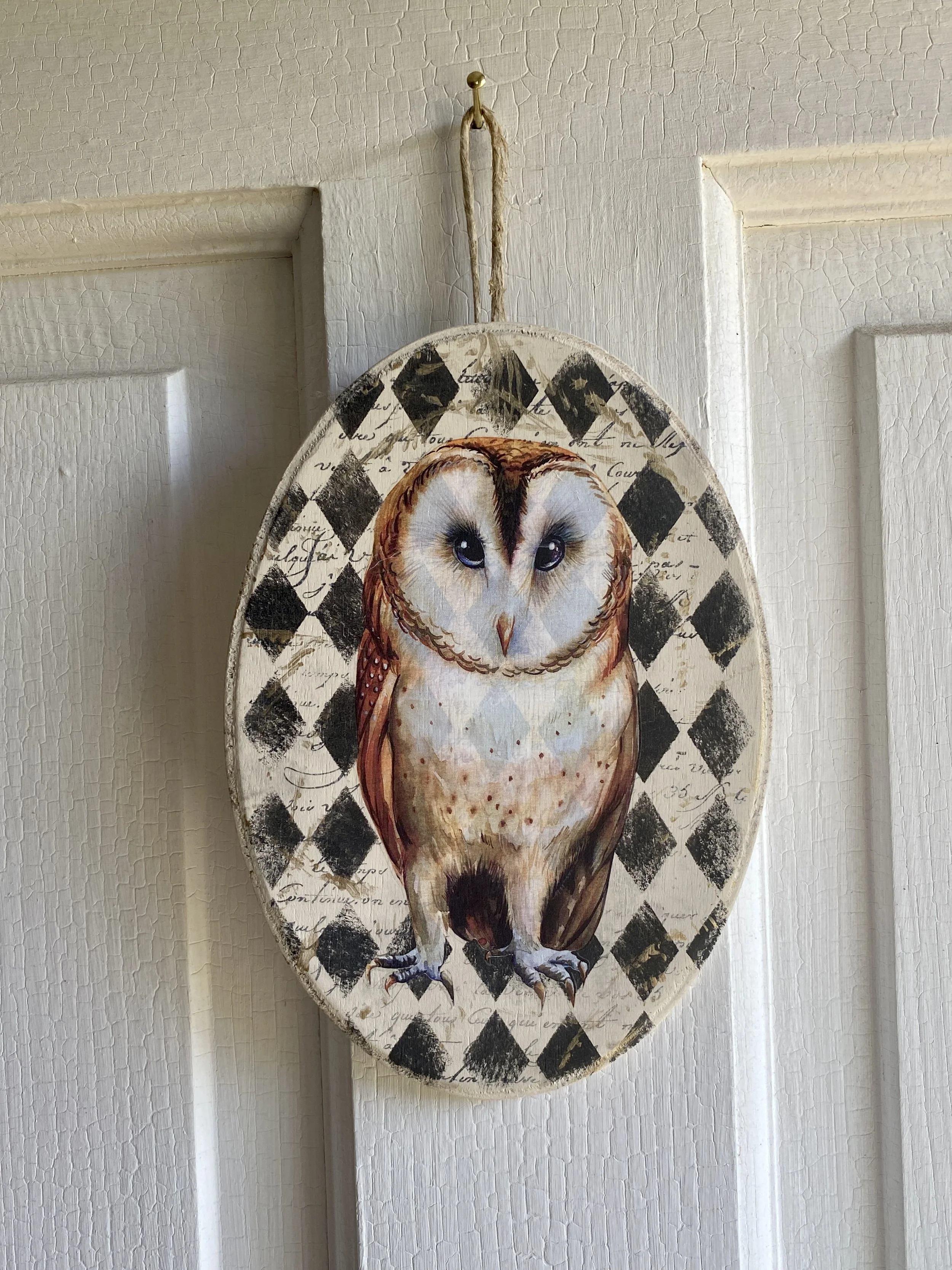 Decorative wall hanging with an owl illustration on a checkered background, with script writing overlay, hanging from a nail on a textured wall.