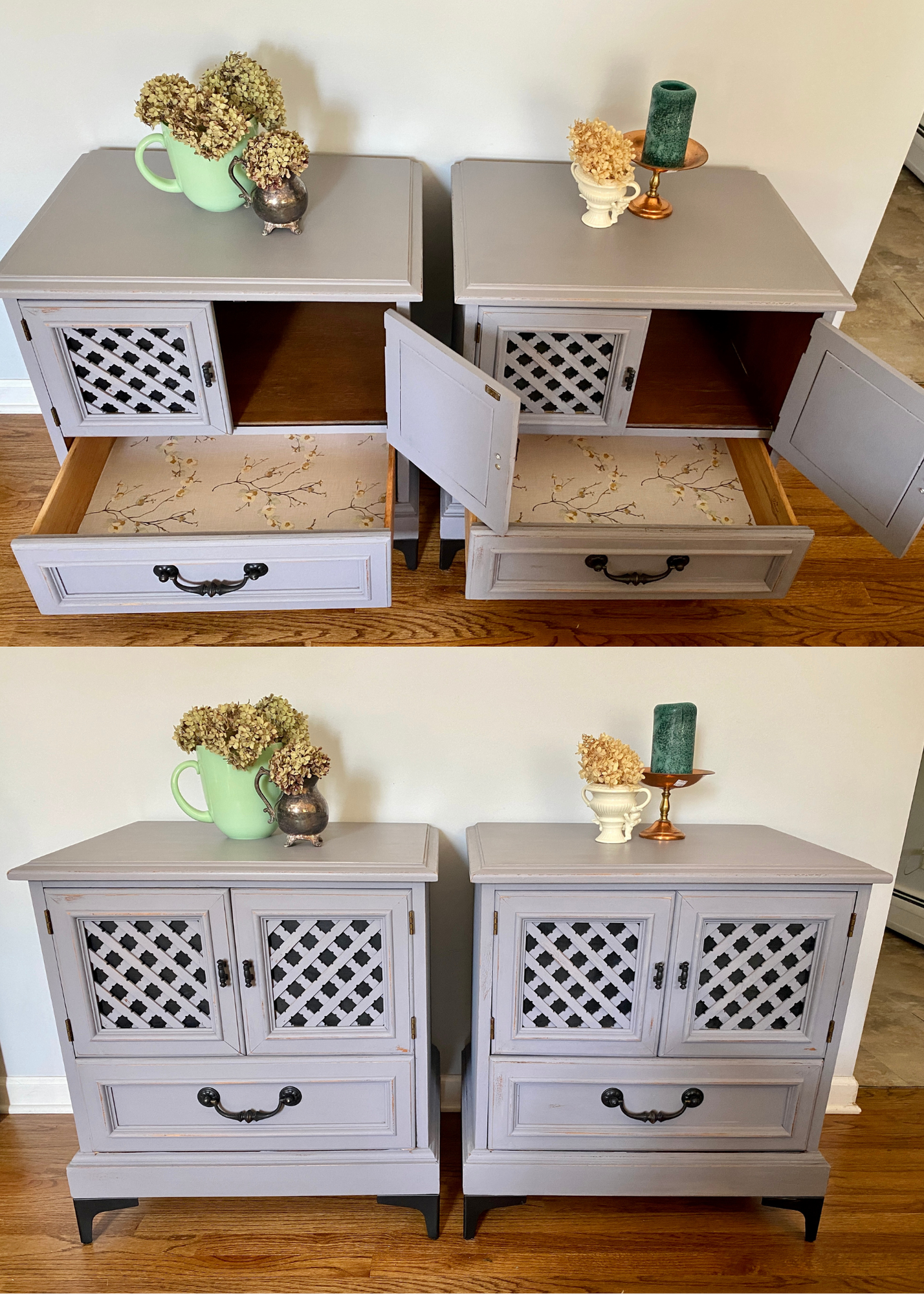 Two vintage light gray cabinets with lattice doors, open to reveal dark wood interiors, and decorative hardware. On top, there are vases and small sculptures, including a green pitcher with dried flowers, a small silver teapot with dried flowers, a w