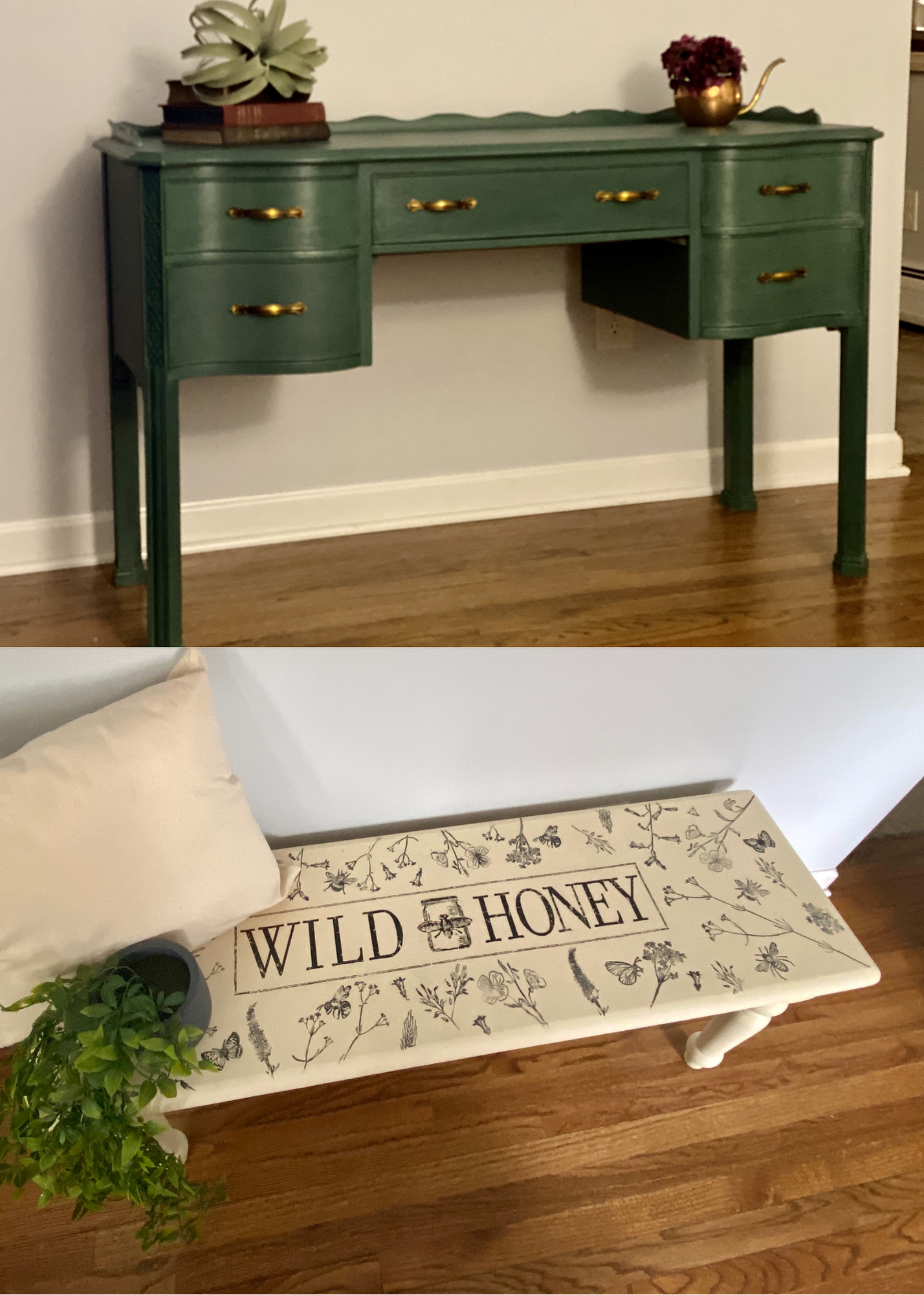 A green vintage-style desk with gold handles, decorated with books, a succulent plant, and a brass watering can filled with purple flowers. In front, a white table with a potted plant and a cloth with floral patterns and the words 'WILD HONEY'.