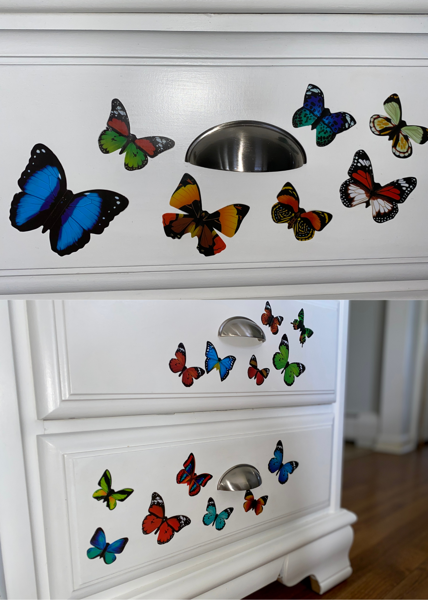 White dresser drawer decorated with colorful butterfly stickers of various sizes and colors including red, blue, green, yellow, and black.