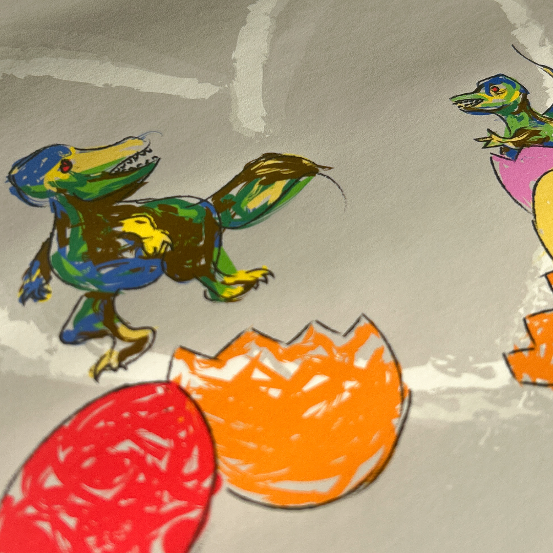 Close-up of Smitten T-rex art print from the Wanderer Collection