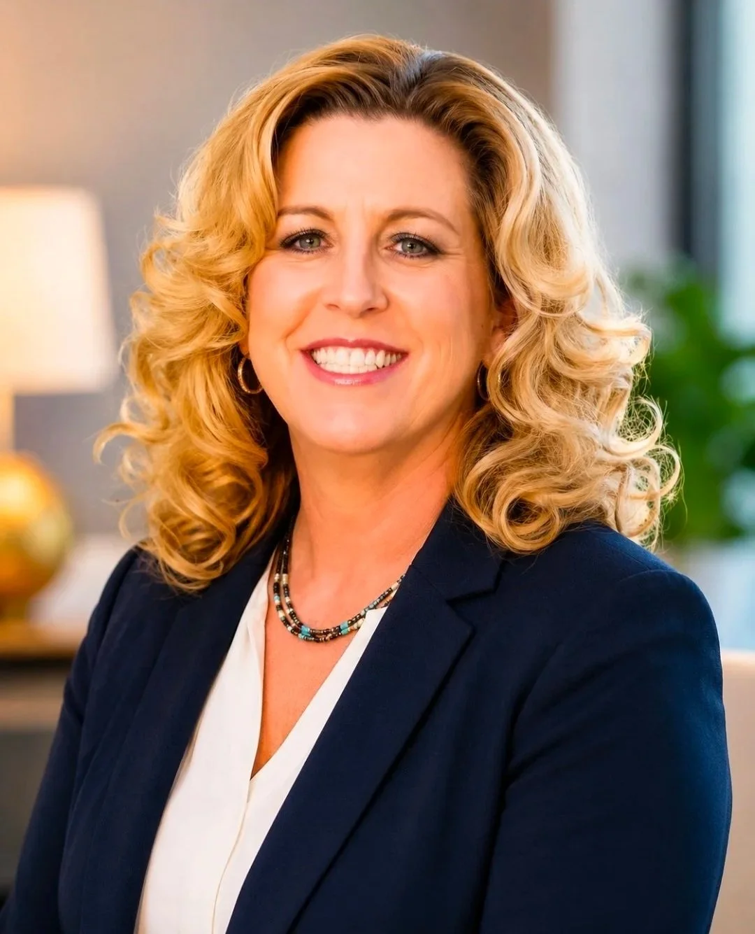 A smiling woman with shoulder-length curly blonde hair, wearing a navy blazer, white blouse, and a beaded necklace, sitting in a well-lit room with indoor plants and a lamp in the background.