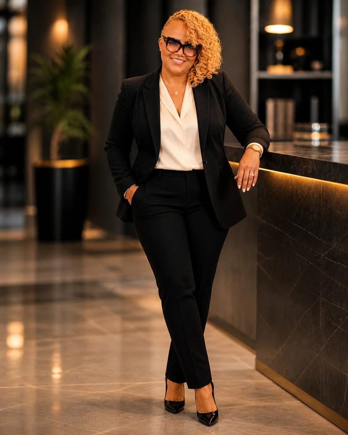 A businesswoman with curly blonde hair, wearing glasses, a black suit, and black heels, smiling while leaning on a marble reception desk in a modern office lobby.