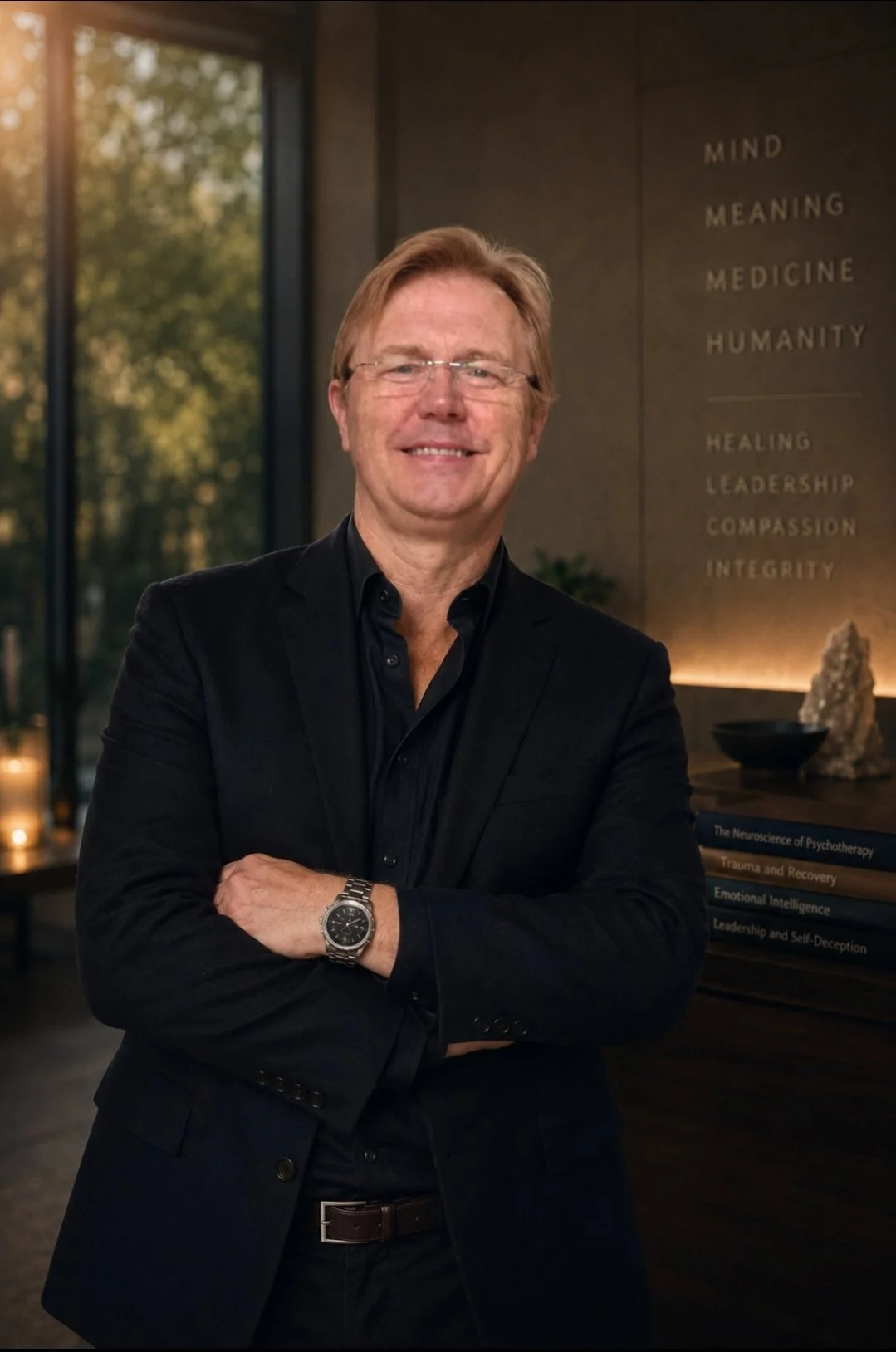 A man with glasses and a black suit standing in a modern office or lobby, with a wall displaying words like 'Mind,' 'Meaning,' 'Medicine,' and other positive attributes. There is sunlight coming through large windows in the background.