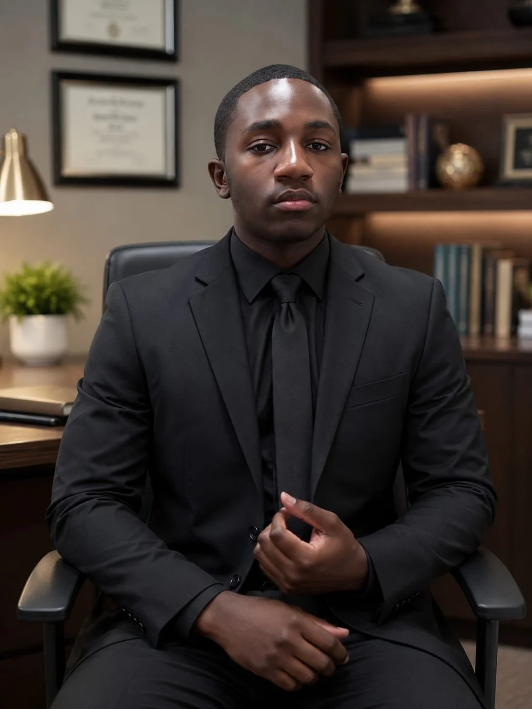 A young man in a black suit sitting in an office, looking at the camera with a serious expression.