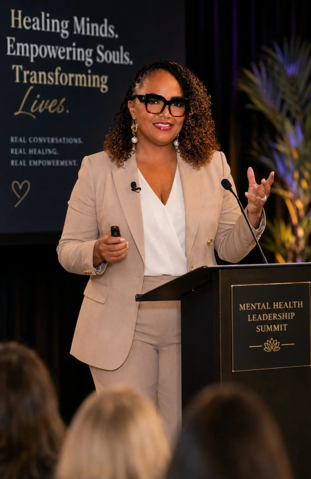 A woman with curly hair and glasses speaking at a podium during a Mental Health Leadership Summit. She is wearing a beige suit and holding a remote control. Behind her is a screen with a message about healing minds and empowering souls.