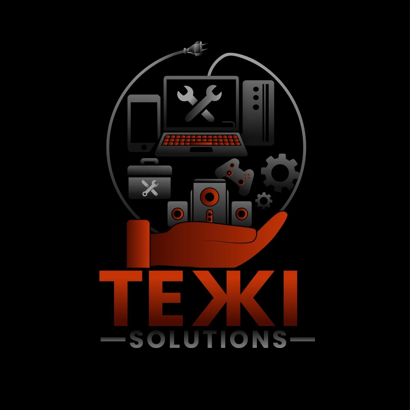 Logo for Tekki Solutions featuring a hand holding a circle with electronic devices and tools, including a laptop with tools on the screen, a smartphone, a computer tower, a game controller, speakers, gears, and a toolbox, with the text 'TEKKI SOLUTIONS' underneath.