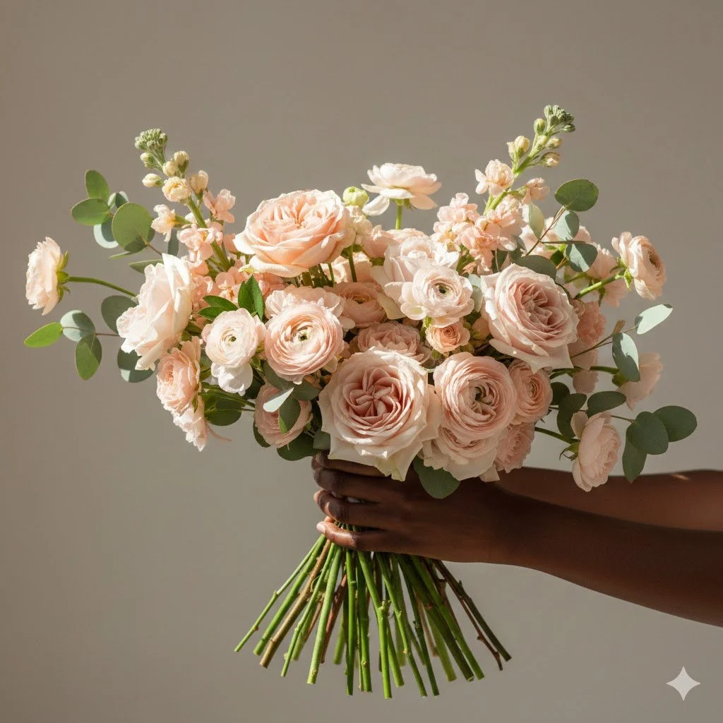 A hand holding a bouquet of light pink roses, ranunculus, and eucalyptus leaves against a neutral background.