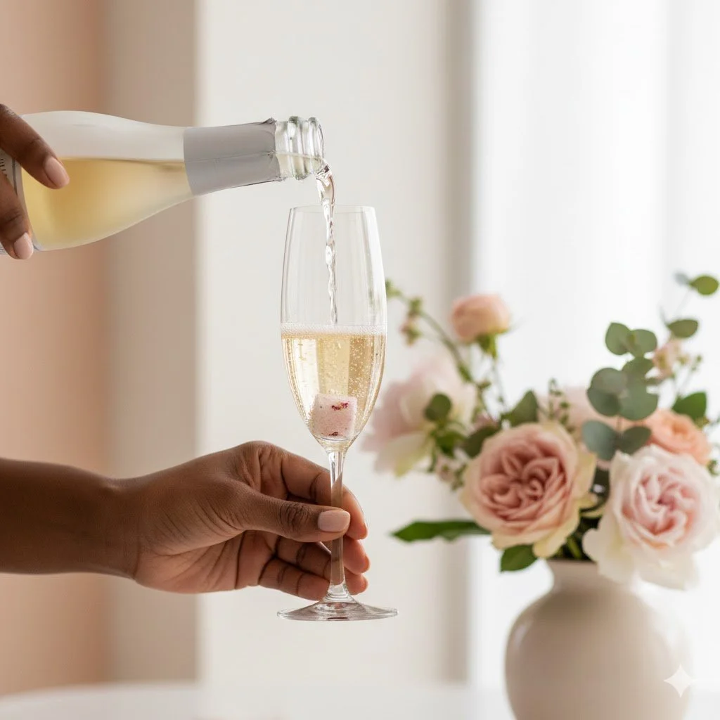 Person pouring white wine into a champagne flute, with a bouquet of pink and white roses in the background.