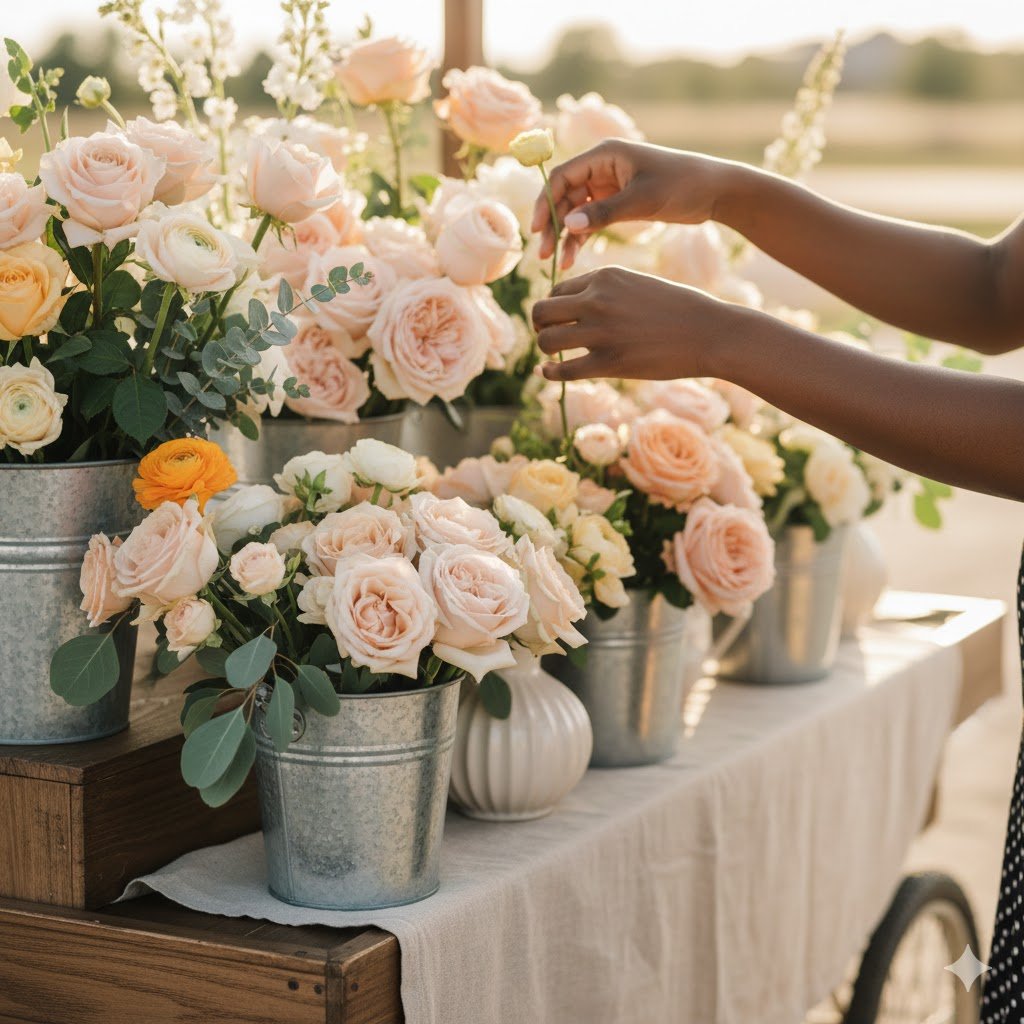 A person arranging peach and cream roses in silver buckets on a table outdoors.