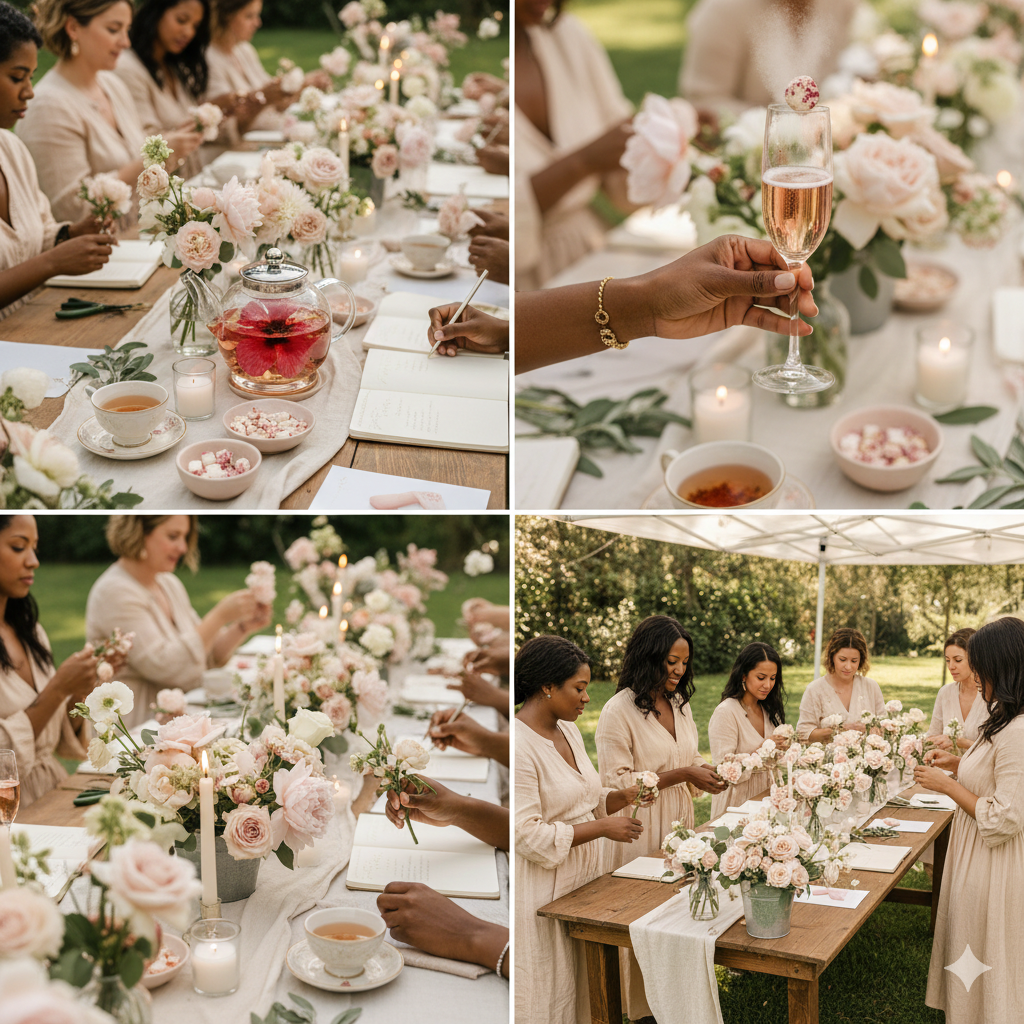 Women gathering outdoors for a floral arrangement workshop with pink and white flowers, candles, and tea on a long table.